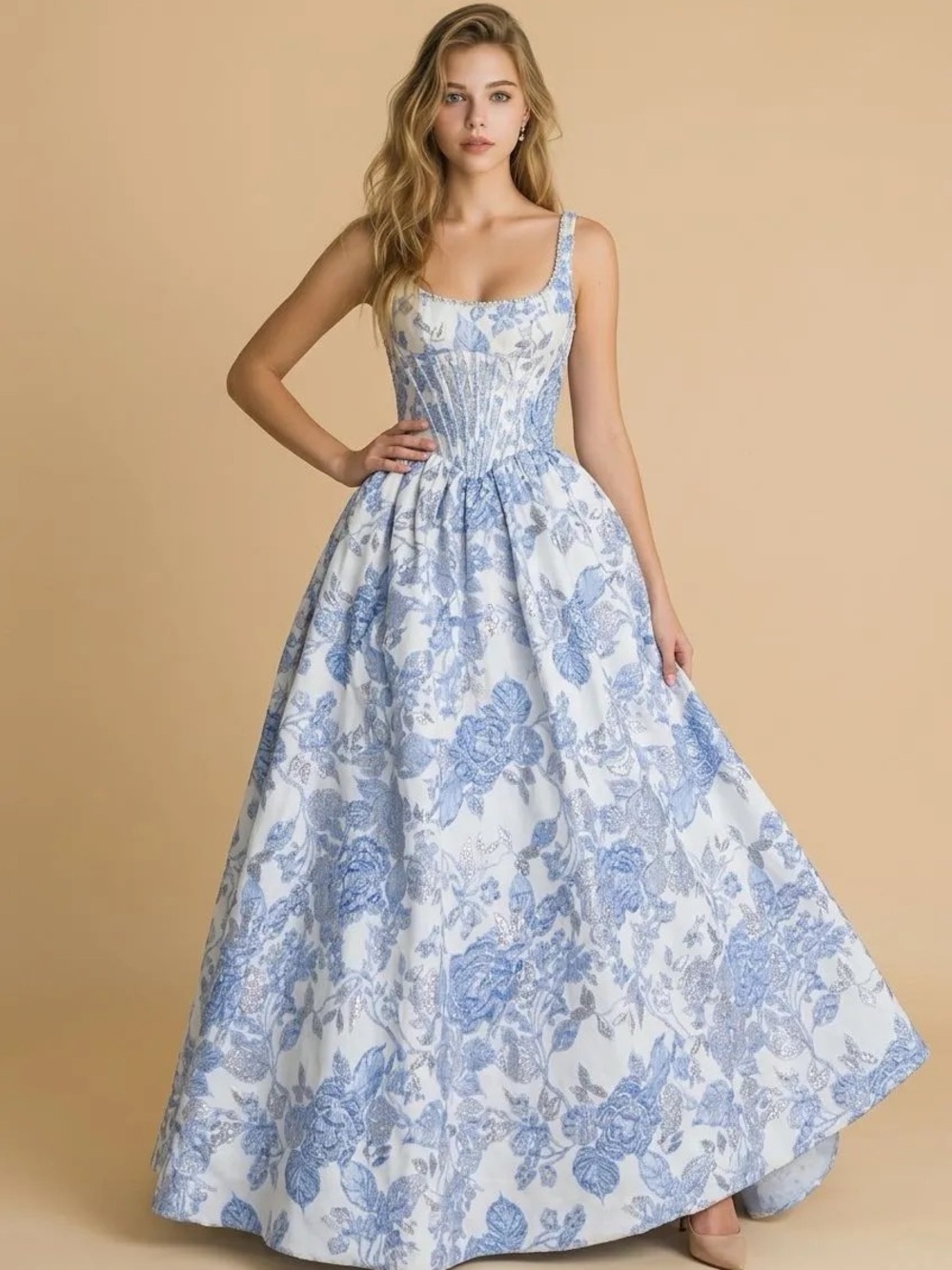 Blue and White Floral Jacquard A-Line Ball Gown with Pearl detail